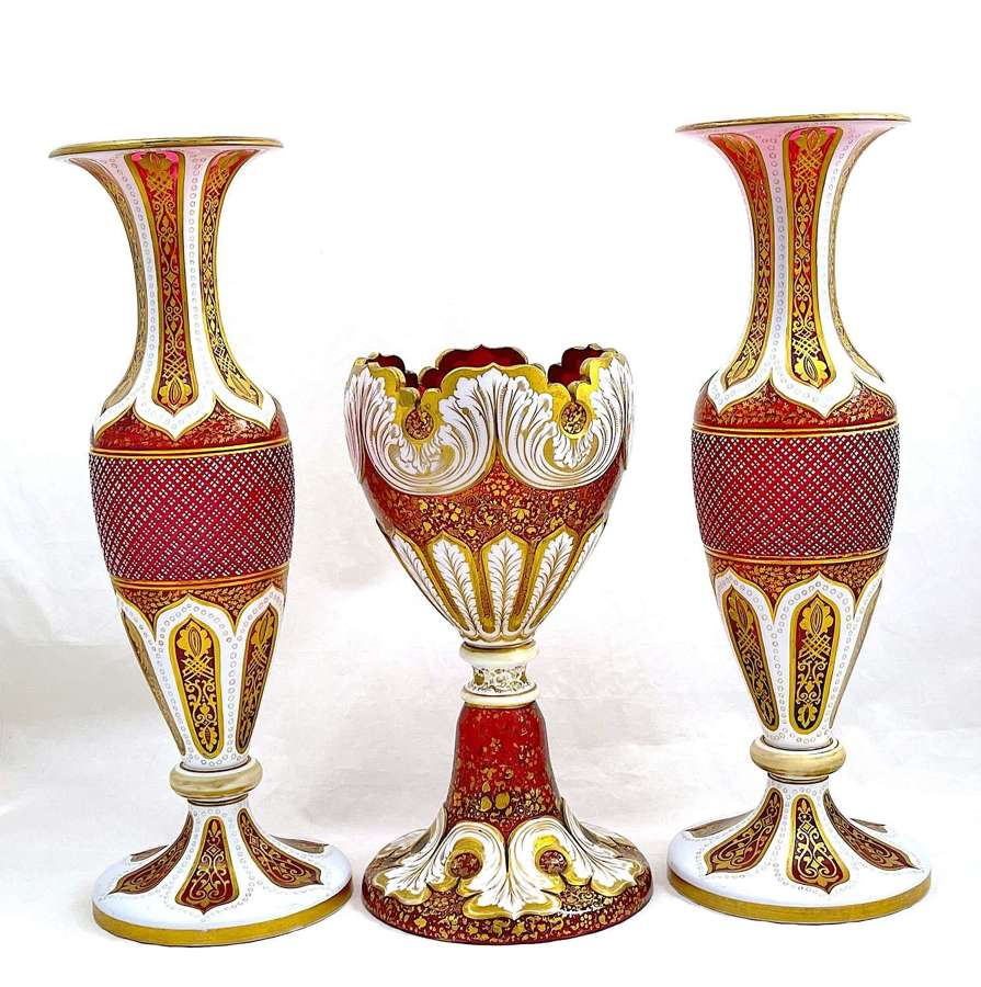 Outstanding Large Antique Three Piece Bohemian Overlay Glass Garniture