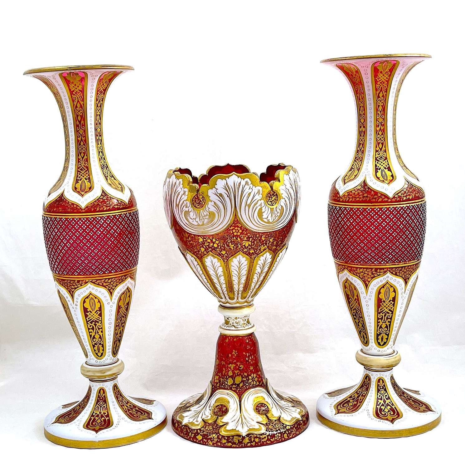 Outstanding Large Antique Three Piece Bohemian Overlay Glass Garniture