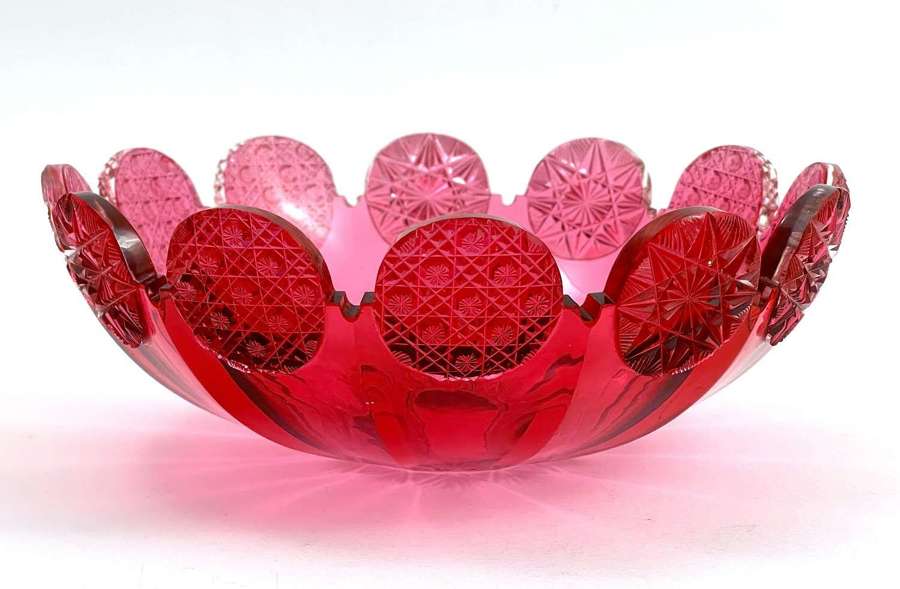 Antique French Cranberry Cut Crystal Bowl with Scalloped Rim.