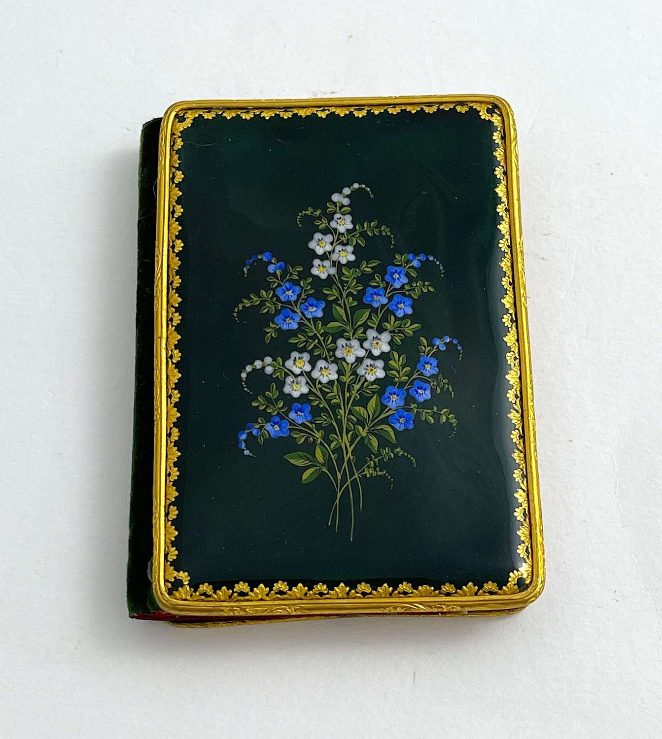 Exquisite Antique Enamel and Aide Memoire White and Blue Flowers