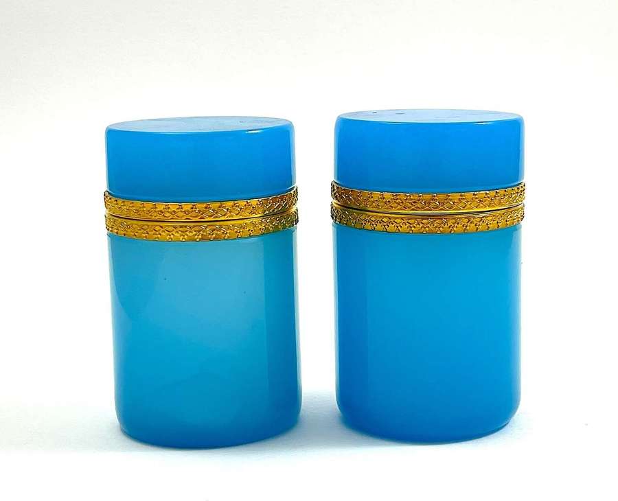 Pair of Vintage Blue Opaline Glass Cylindrical Caskets.