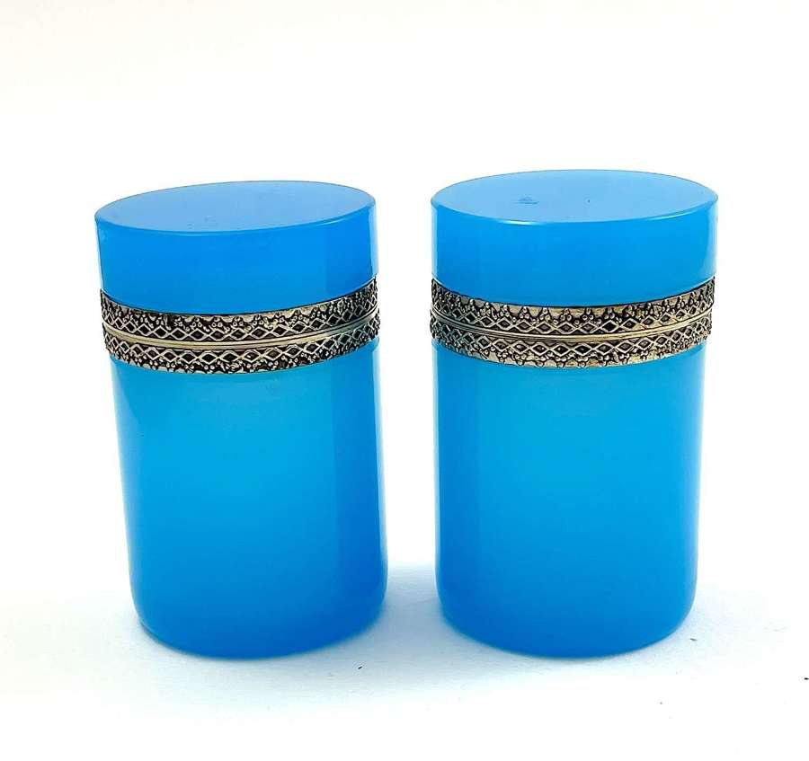 Pair of Vintage Blue Opaline Glass Cylindrical Caskets