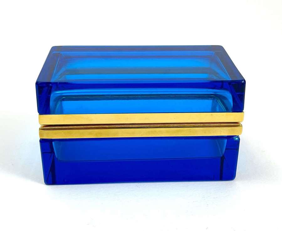 Antique Murano Clear Blue Glass Rectangular Casket Box