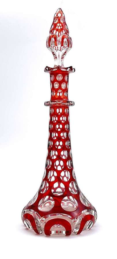 Tall Antique Cranberry Red Overlaid and Cut Glass Perfume Bottle.