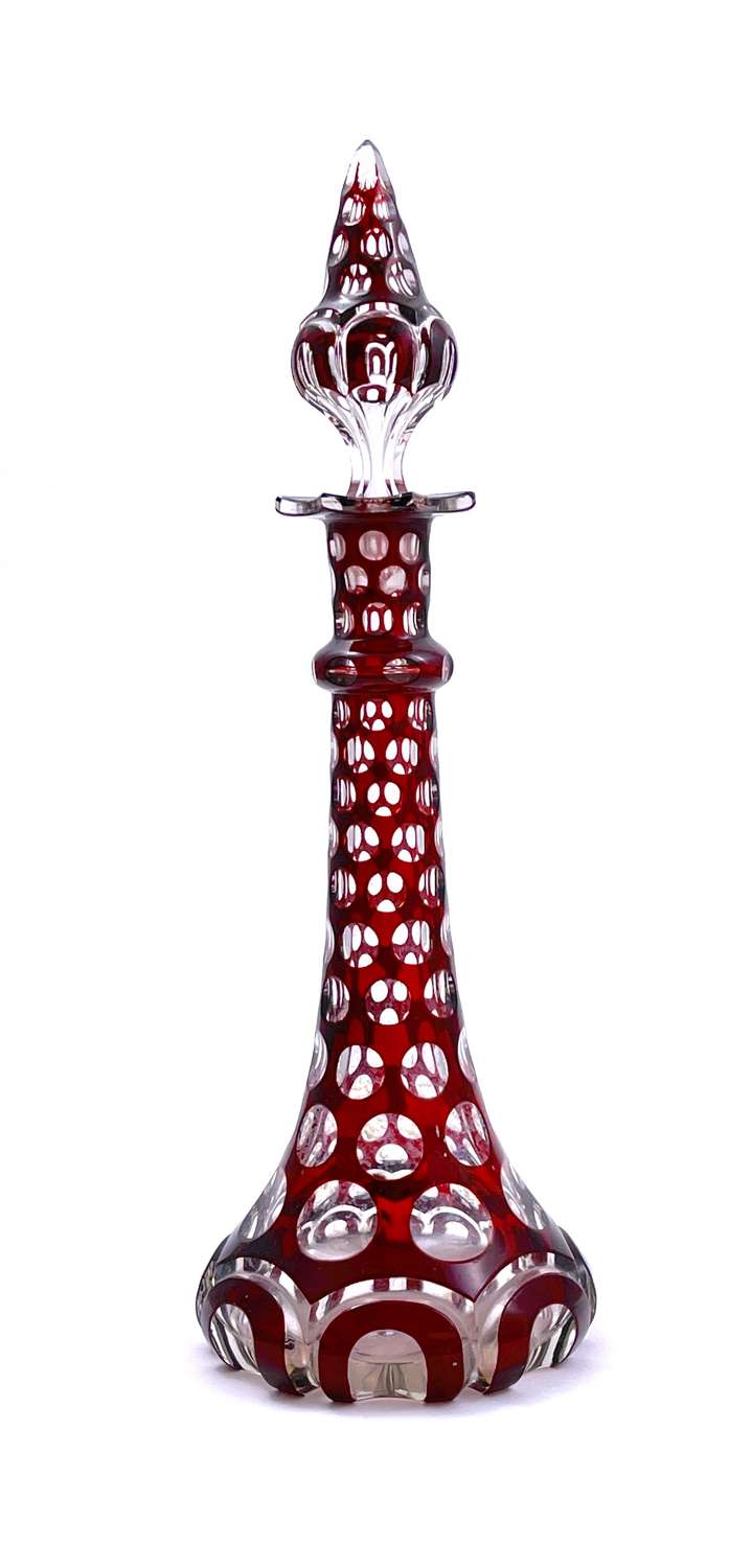 Tall Antique Bohemian Red Overlaid and Cut Glass Perfume Bottle