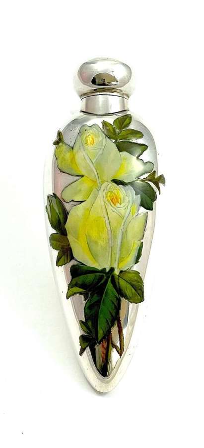 Antique Sterling Silver and Enamel Perfume Bottle with Yellow Roses