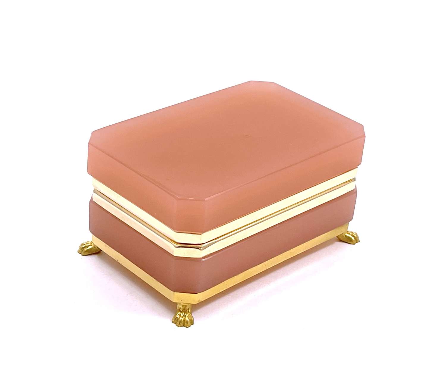 Antique Pink Opaline Glass Casket Box with Dore Bronze Mounts and Feet