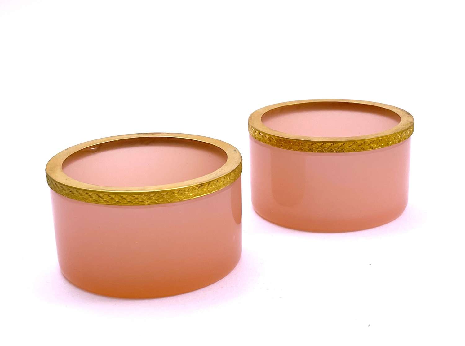 Pair of Antique Pink Opaline Glass and Dore Mounted Bowls.