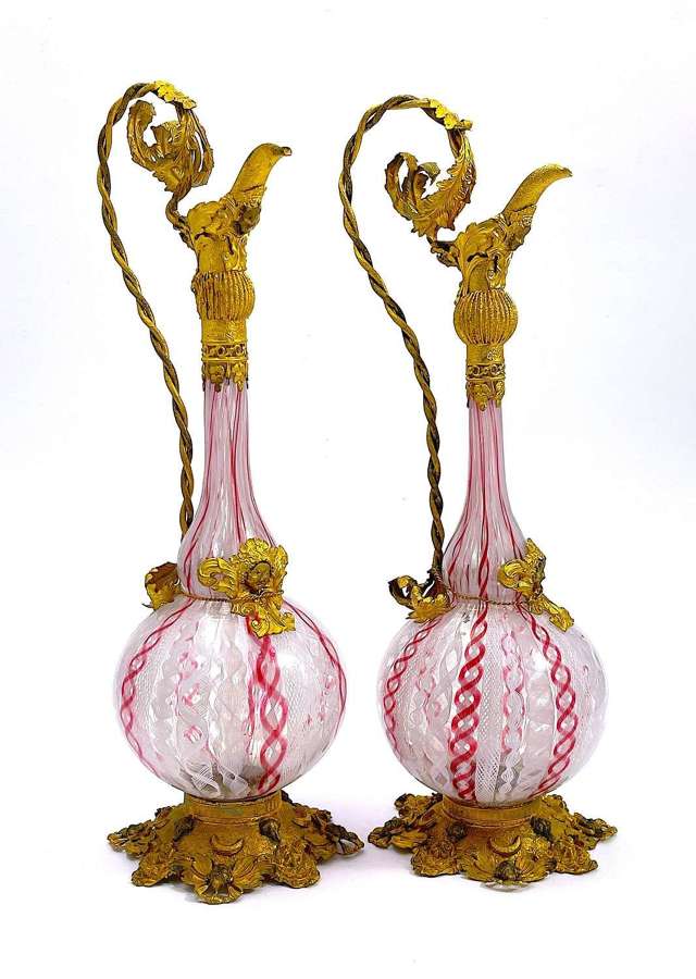 Exquisite Pair of Antique Venetian Glass Vases with Lattice Filigree