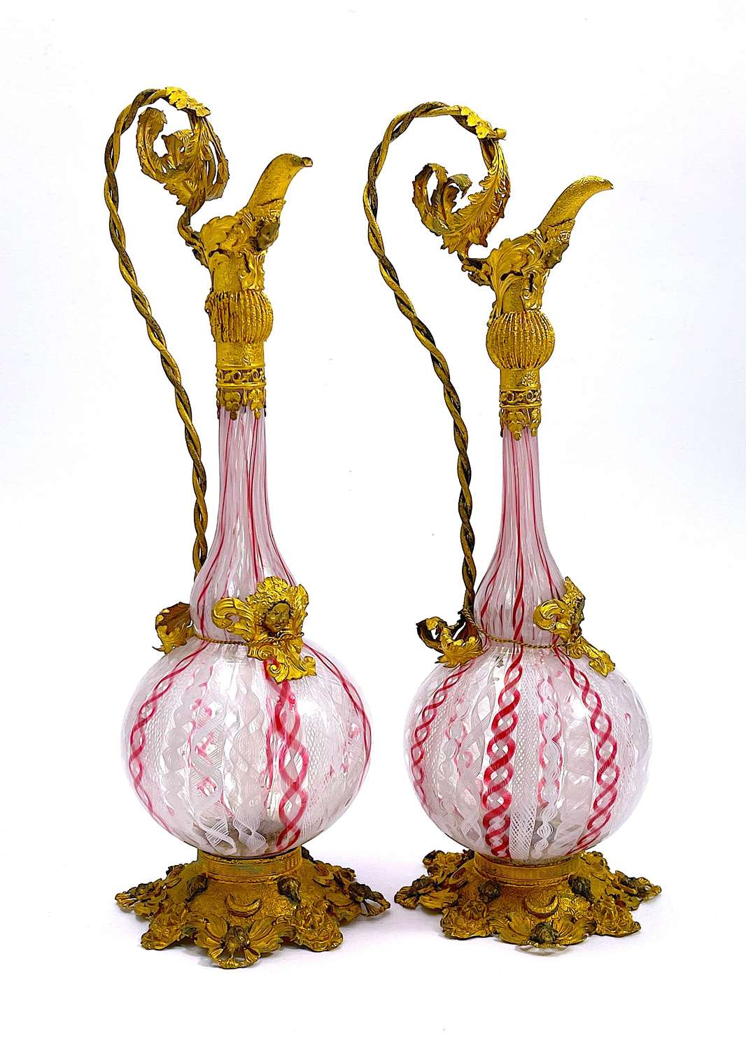 Exquisite Pair of Antique Venetian Glass Vases with Lattice Filigree