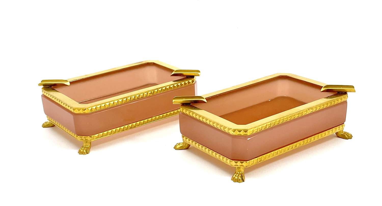 Pair of Vintage Pink Opaline Glass Ashtrays with 4 Dore Bronze Feet.