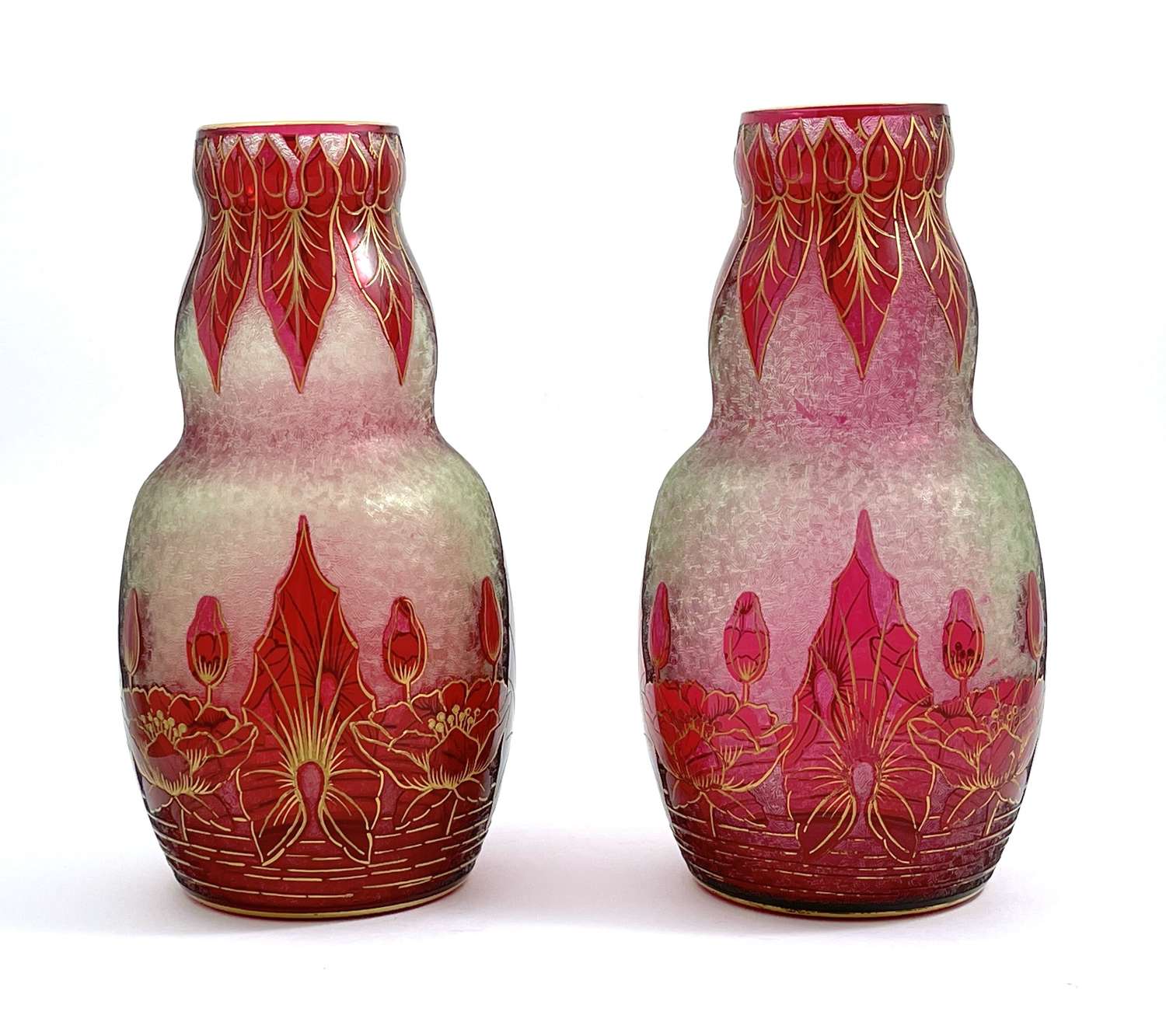 A Fabulous Pair of Antique Baccarat Cameo Vases by Bourgeois Depose.