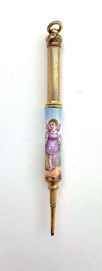 Antique French Enamel Pencil with Young Girl with Butterfly Wings