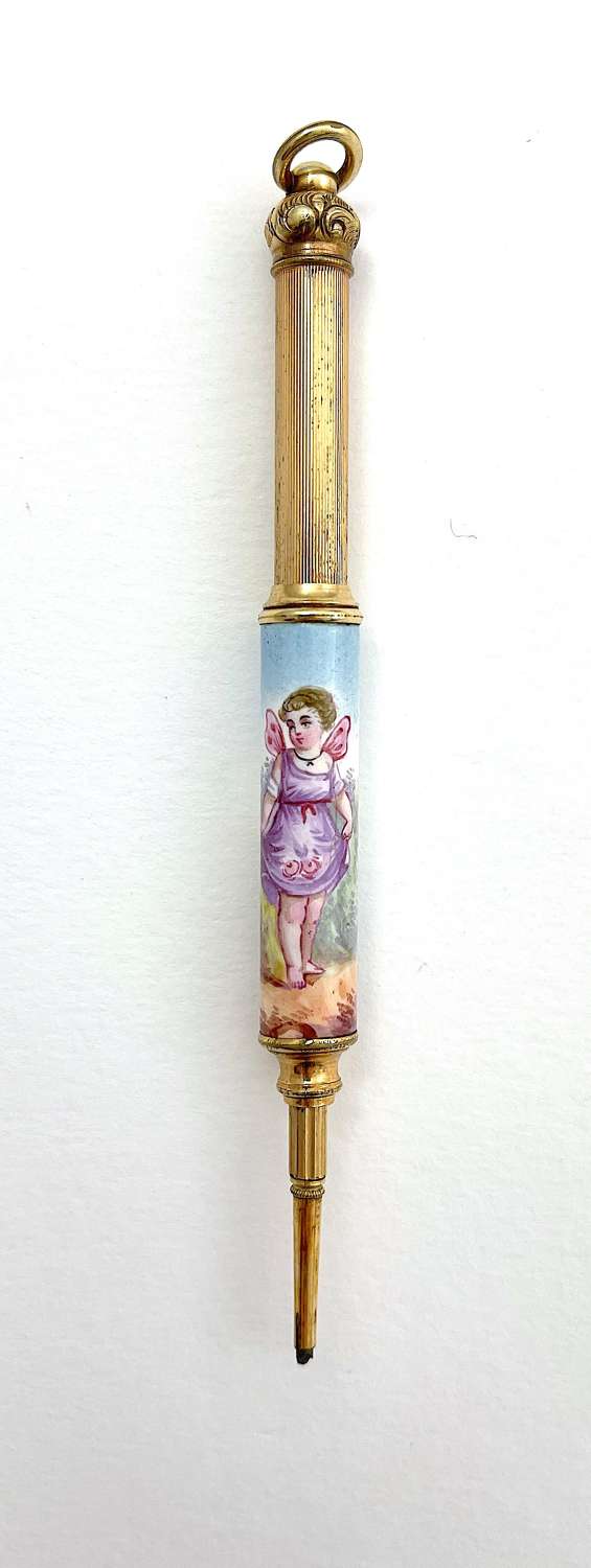 Antique French Enamel Pencil with Young Girl with Butterfly Wings