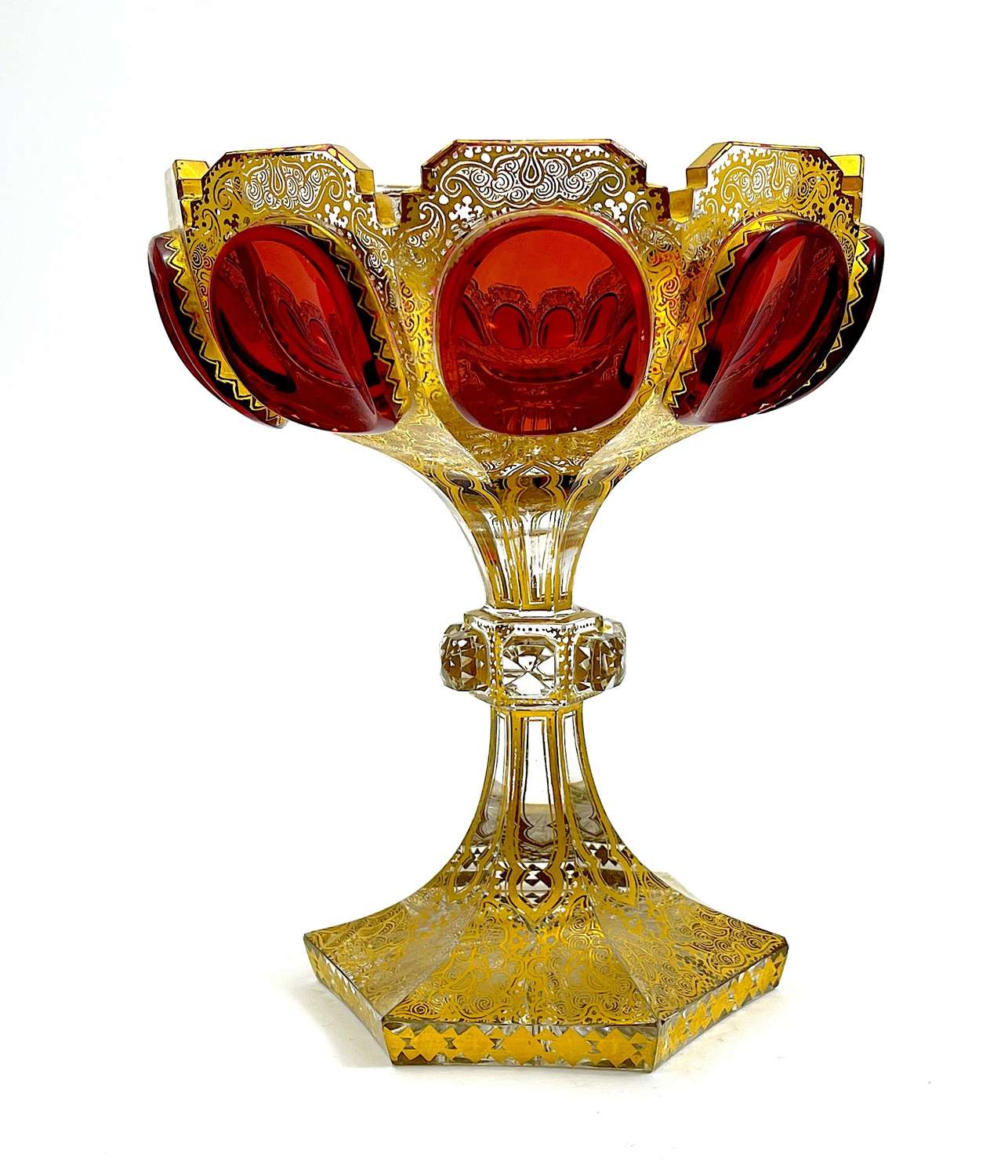 Antique Bohemian Glass Bowl  Decorated with Red Jewel Cabouchon Panels