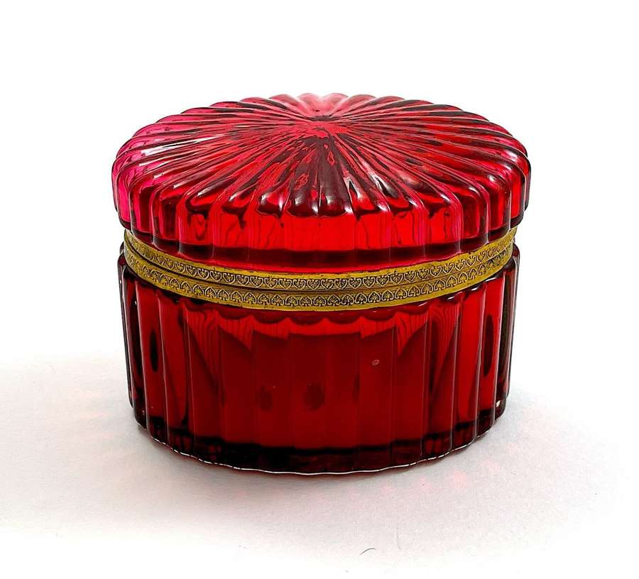 Antique French Oval Cranberry Glass Casket with Lovely Ribbed Design
