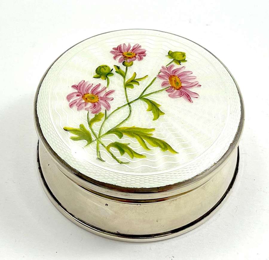 Antique Silver and Enamel Jewel Box Decorated with Pink Flowers