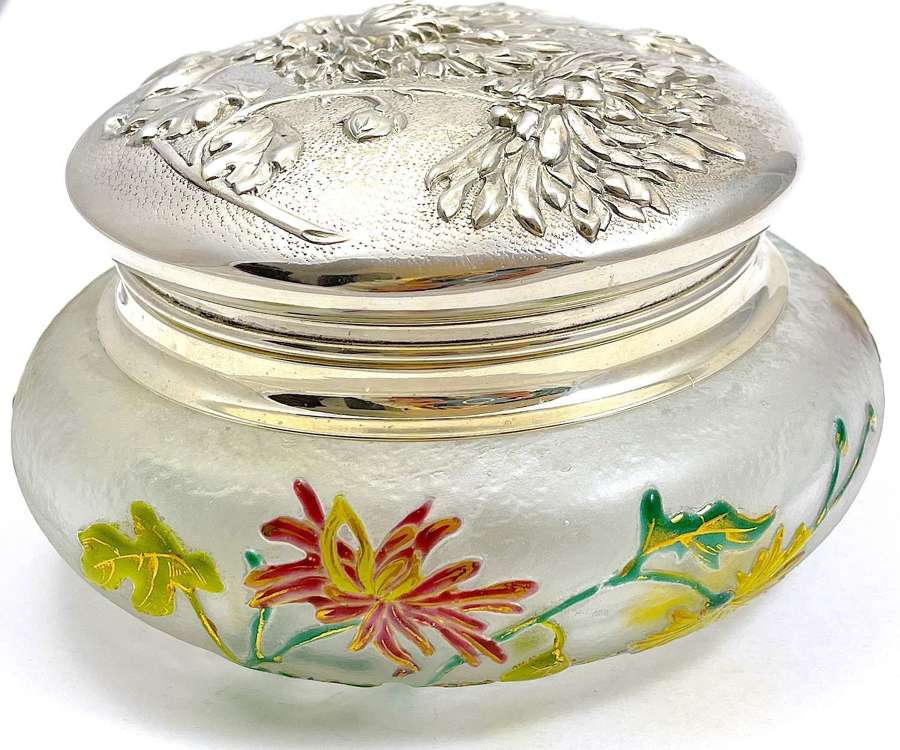 Antique Legras Glass Box by Victor Saglier with Large Enamelled Flower