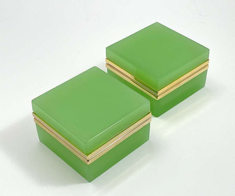 Pair of Elegant Antique Murano Green Opaline Glass Square Boxes