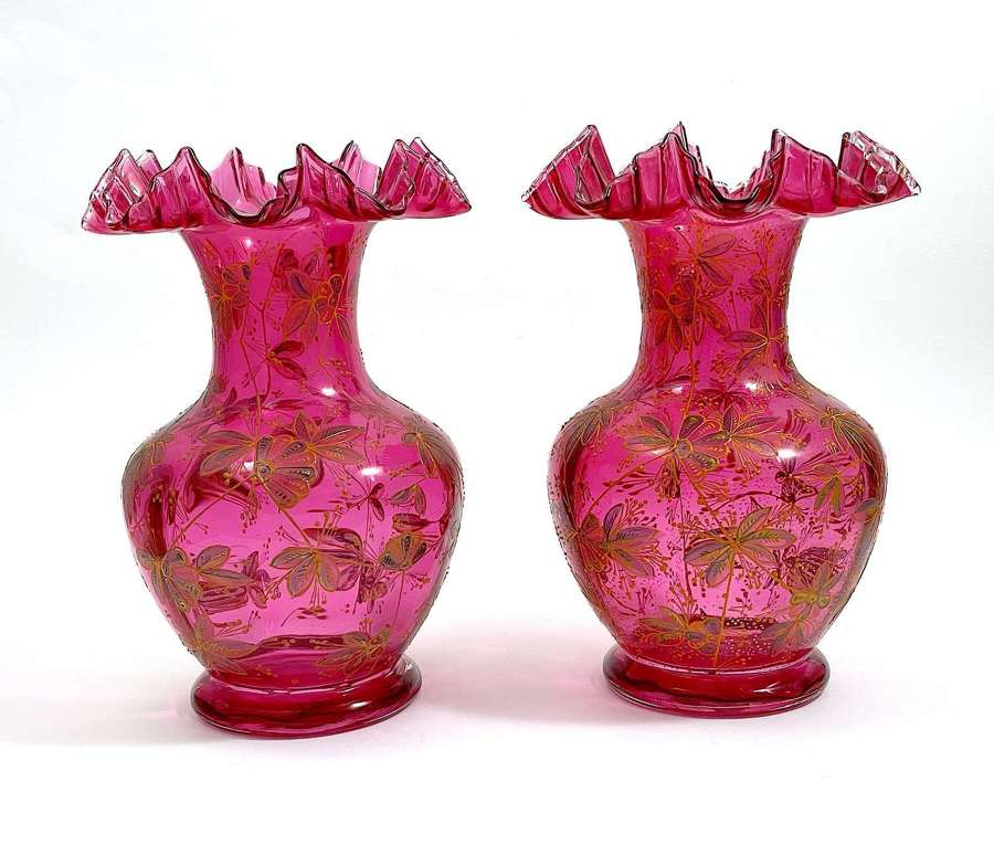 Pair of Antique MOSER Cranberry Crystal Glass Vases