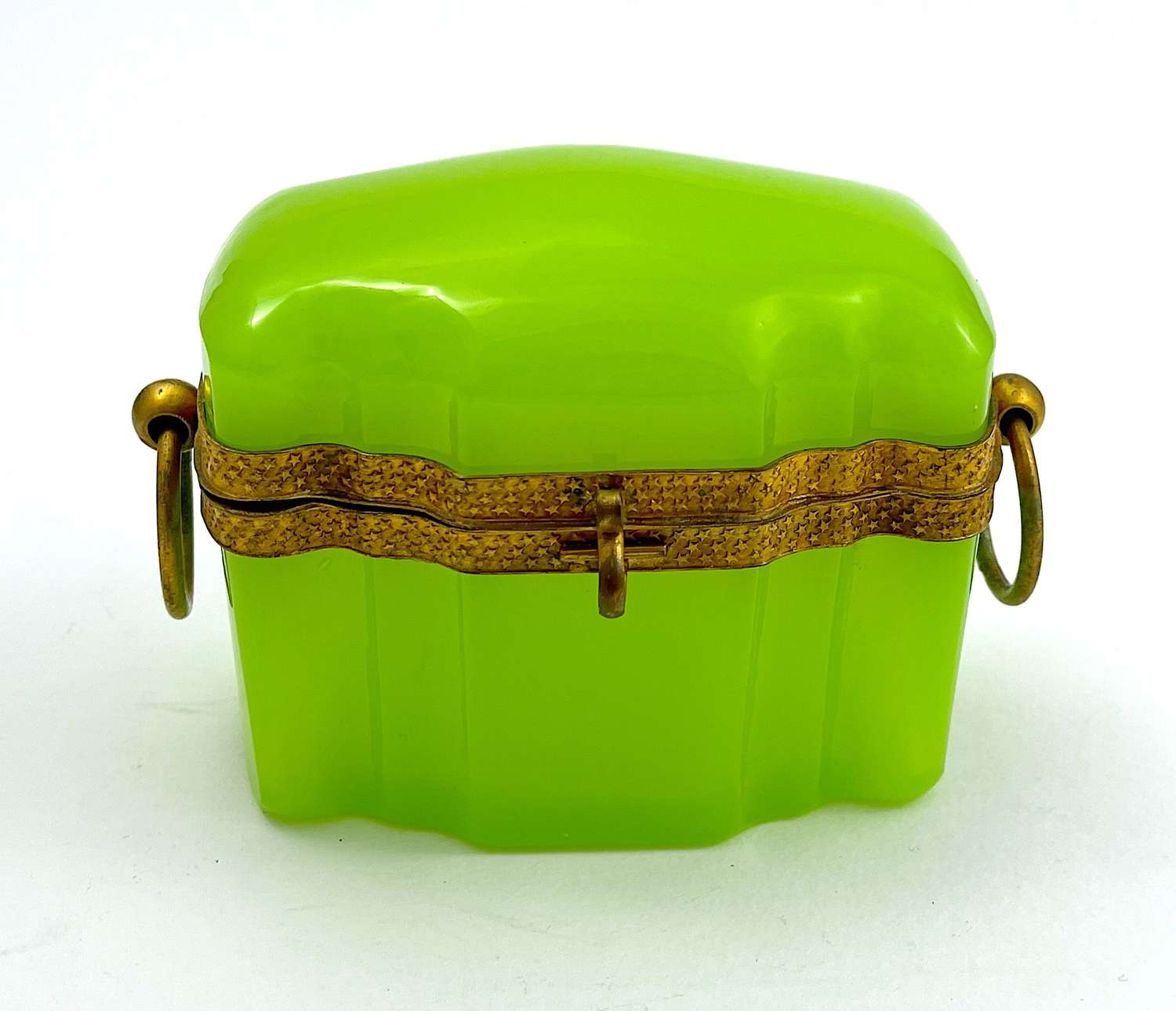 Antique Green Opaline Glass Casket with Double Loop Dore Handles