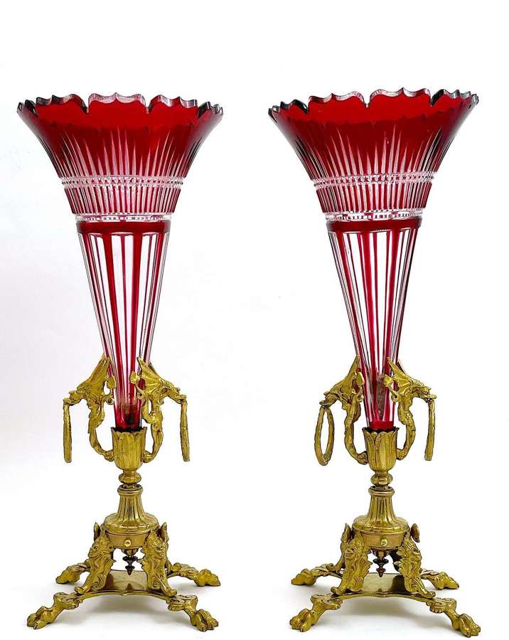 Pair of Tall Antique French Ruby Red & Clear Overlay Crystal Vases