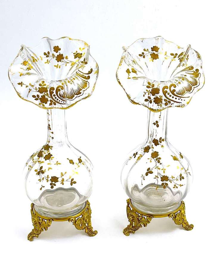 Pair of Antique St Louis Crystal Glass Vases with Undulating Rims