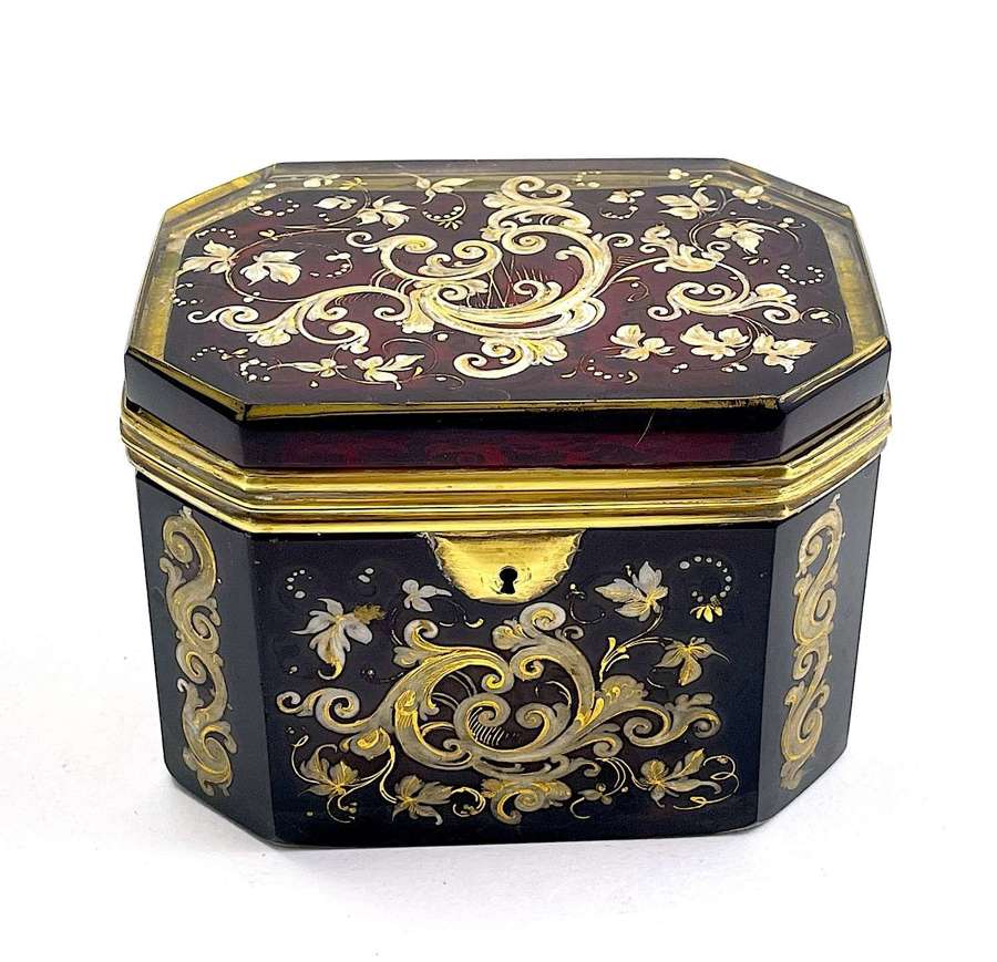 Antique Bohemian Ruby Red Casket with Fine Enamelling.