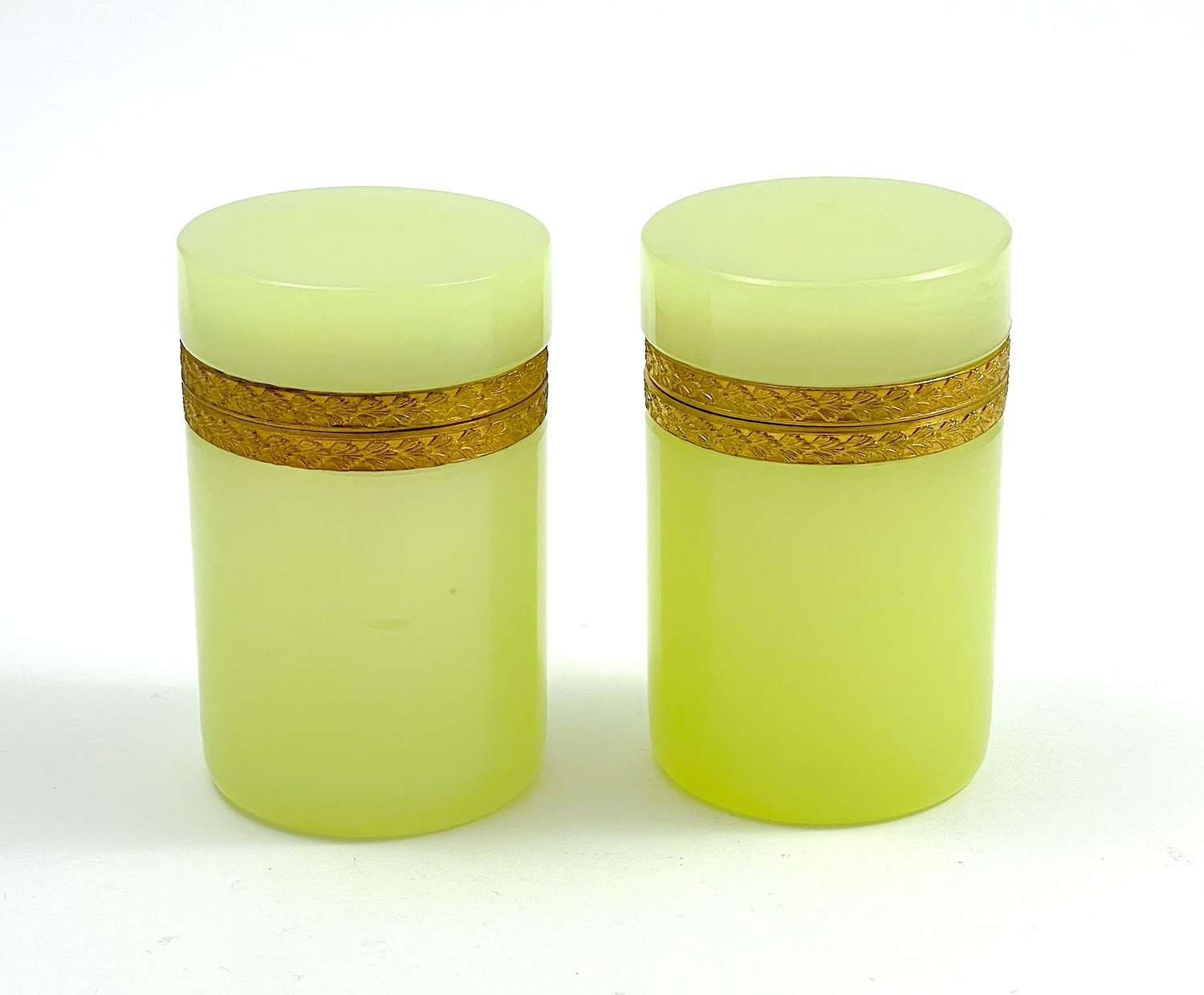Pair of Antique Yellow Opaline Glass Cylindrical Caskets