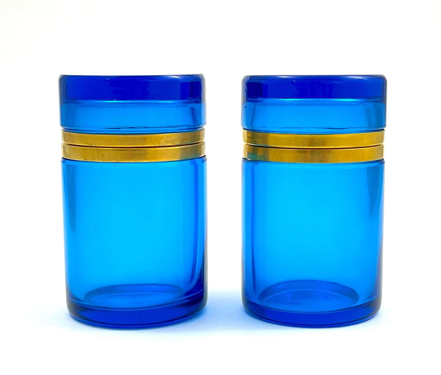 A Pair of Antique Clear Blue Crystal Glass Cylindrical Caskets