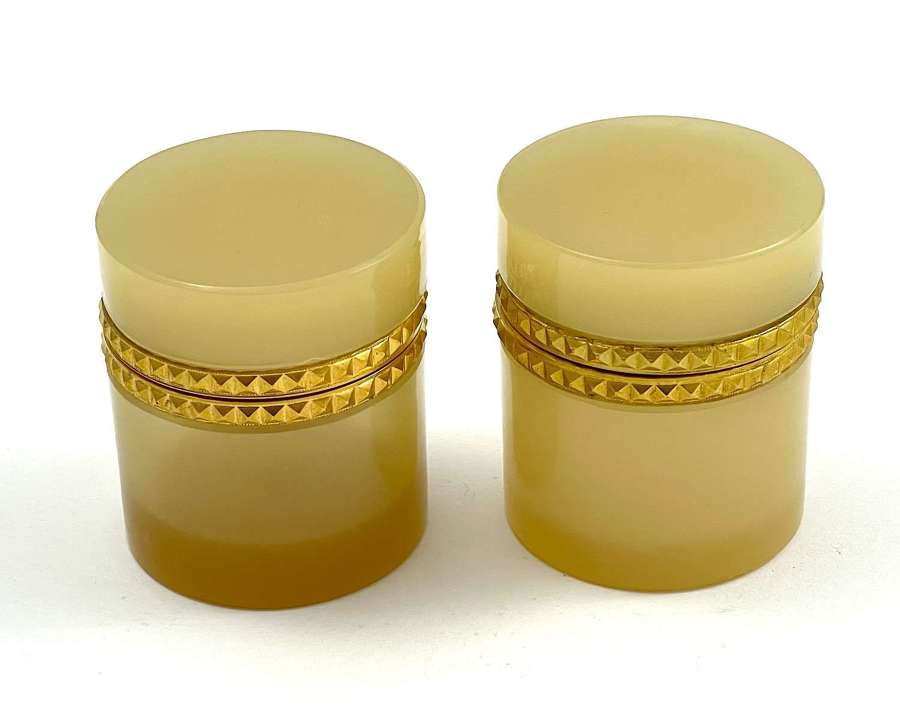 Pair of Small Antique Apricot Opaline Glass Cylindrical Caskets