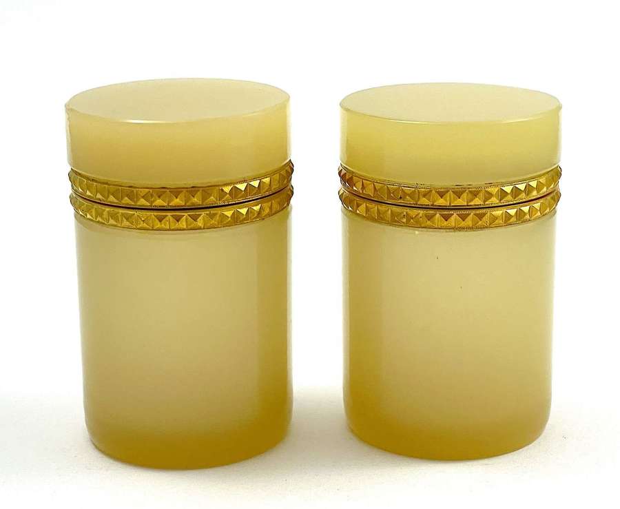 Pair of Antique Apricot Opaline Glass Cylindrical Caskets