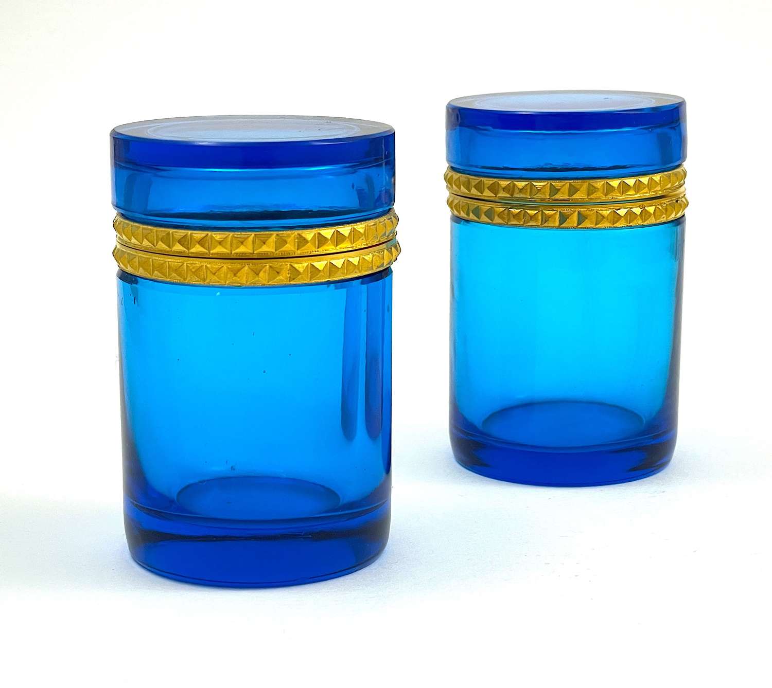 Pair of Antique Clear Turquoise Blue Glass Cylindrical Caskets