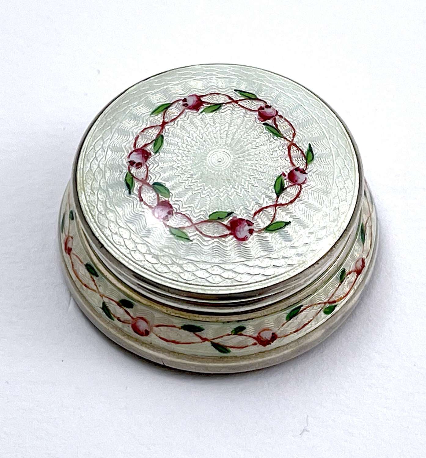 Antique Cream Guilloche Enamel Miniature Box and Cover with Roses