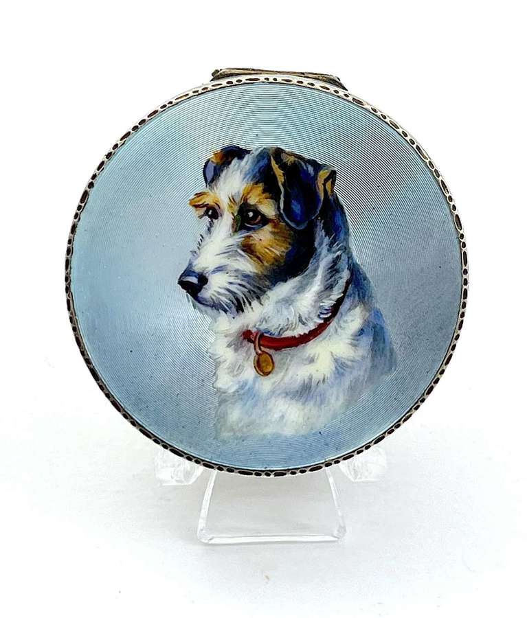 Antique Guilloche Enamel and Silver Compact Decorated with a Terrier