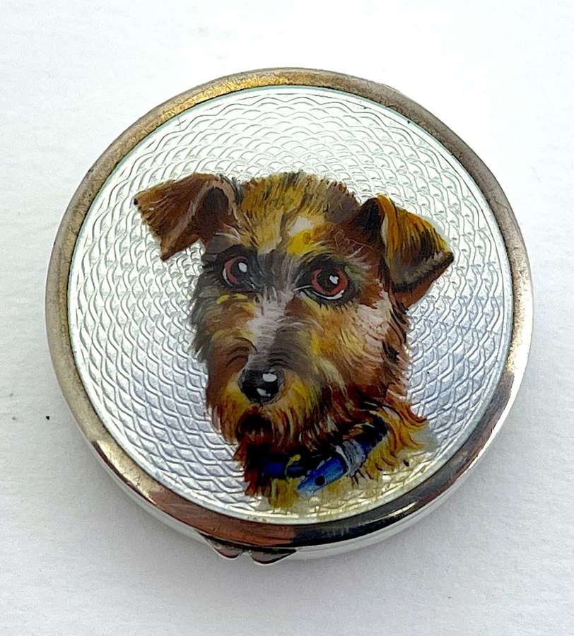 Antique Miniature Guilloche Enamel and Silver Pill Box with Dog.
