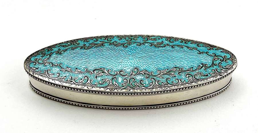 Large Antique Turquoise Guilloche Enamel and Silver Navette Shaped Box