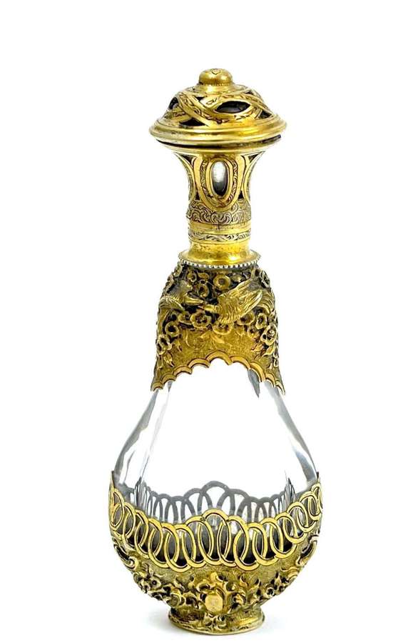 Antique French Perfume Bottle with Vermeil Mounts Depicting Doves