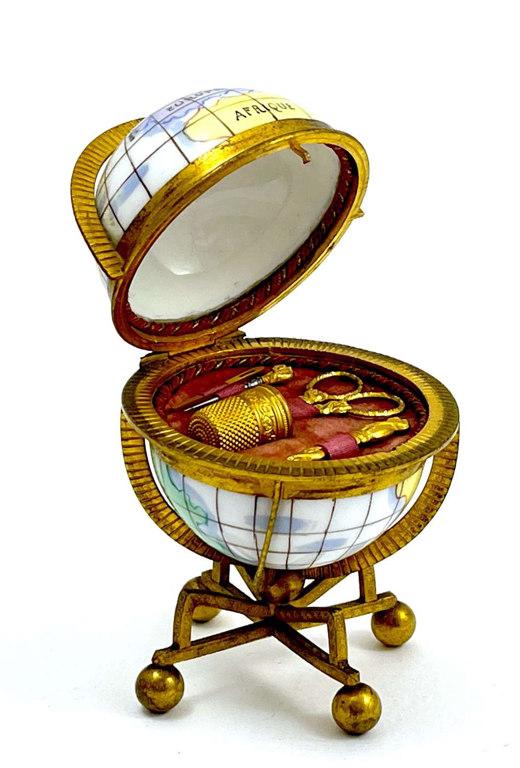 RARE Antqiue Palais Royal French Porcelain Globe Shaped Sewing Set.