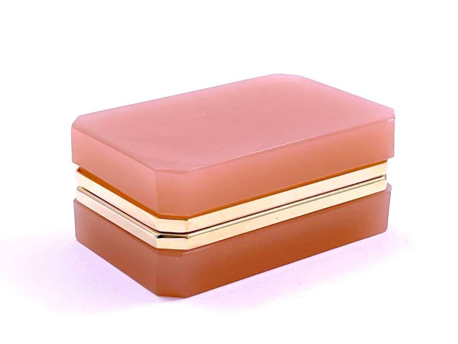 Antique Pink Opaline Glass Casket Box with Smooth Dore Bronze Mounts .