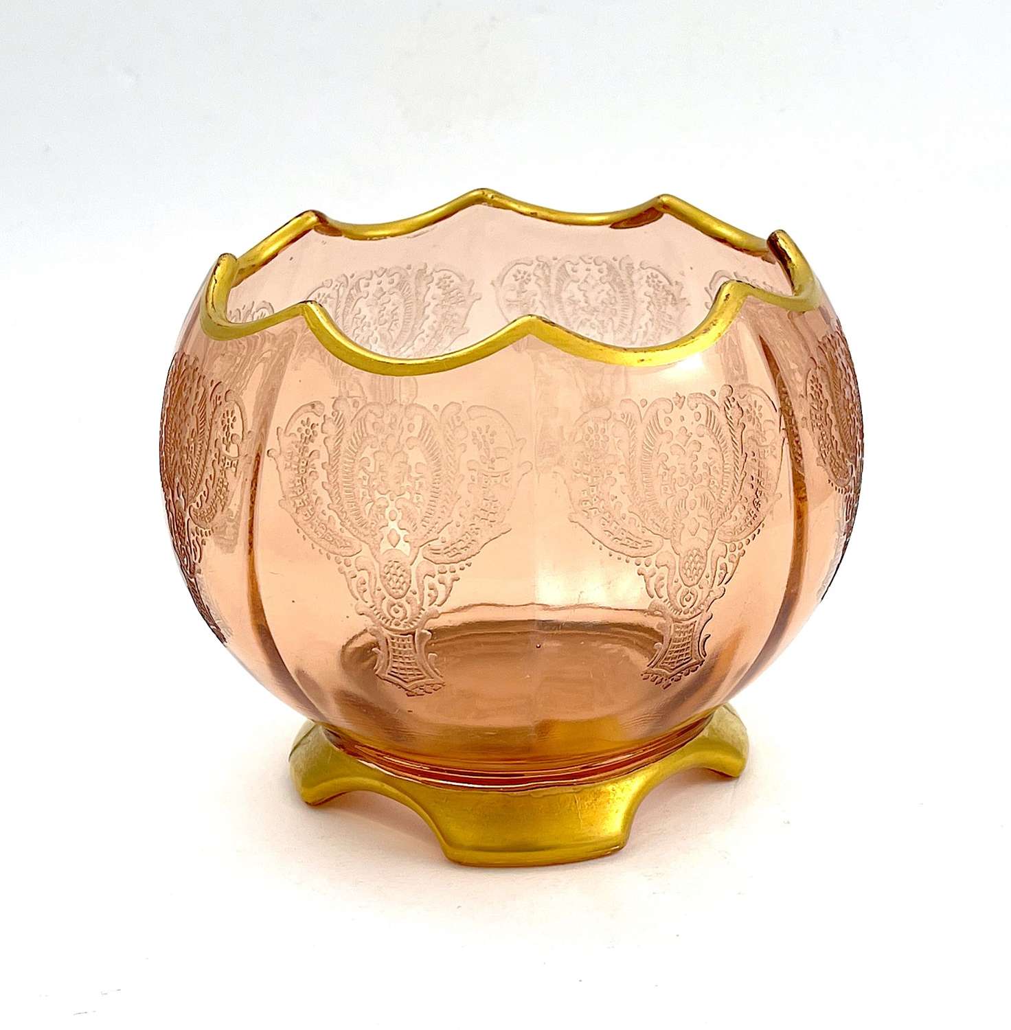 Unusual Antique French St Louis Peach Crystal Glass Engrave Bowl