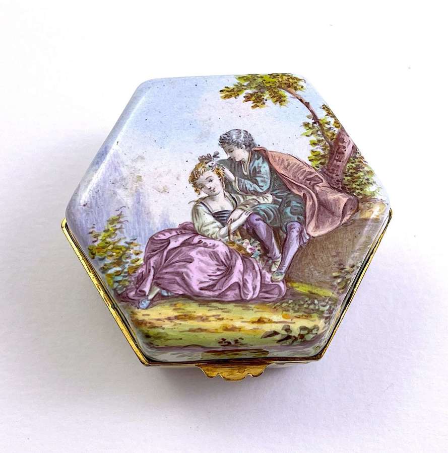 Super Antique French Enamel Hexagonal Box with a Courting Couple