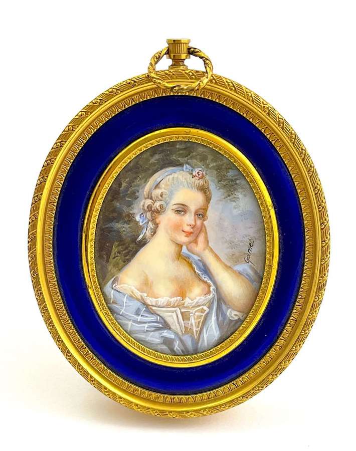 Antique French Signed Gamet, Hand Painted Miniature Portrait