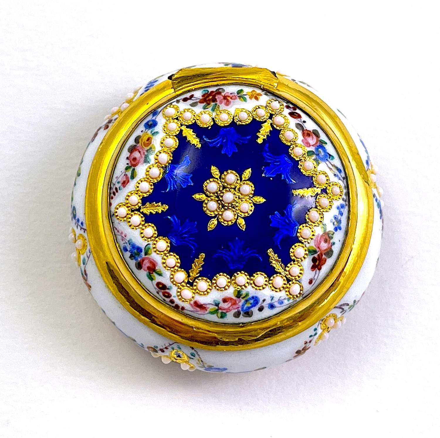 Antique French Enamel Pill Box Decorated with Flowers and Raised Jewel