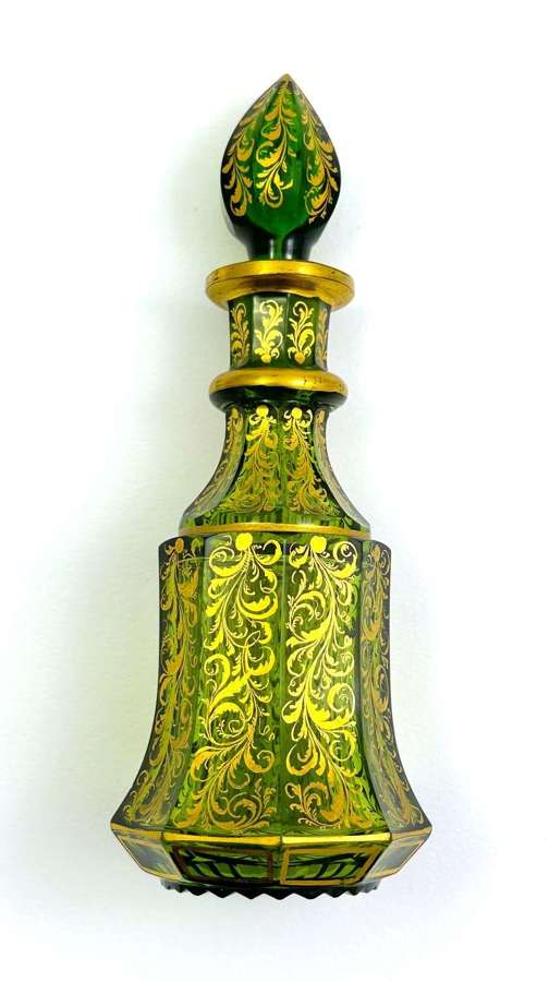 Fine Quality Antique Bohemian Green Crystal Glass Perfume Bottle 
