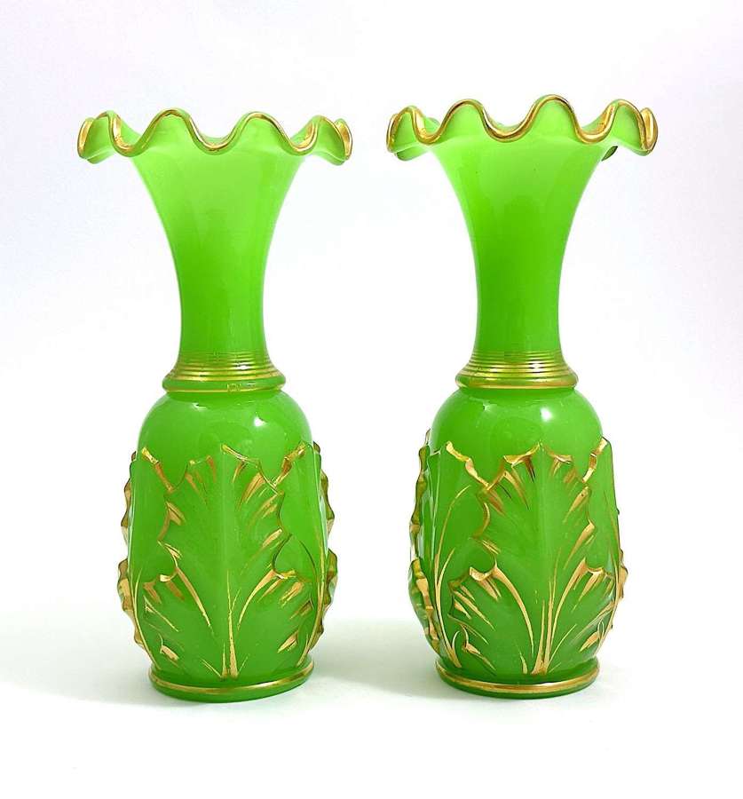 Pair of Antique BACCARAT Green Opaline 'Feuilles D'Acanthe' Vases