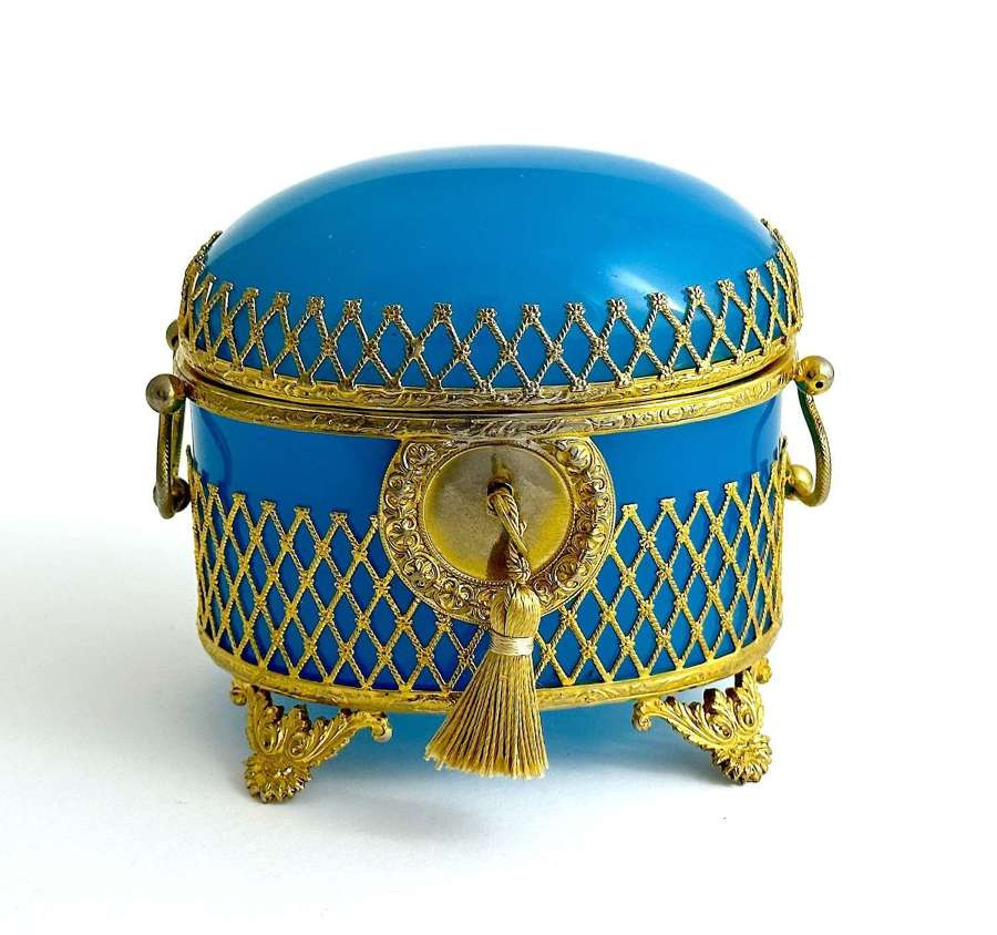 Intage French Blue Opaline Glass Oval Casket Box with Double Loop Hand