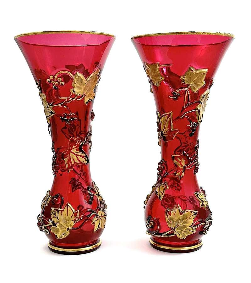 A Large Pair of Large Baccarat Ruby Red Crystal Glass Vases Richly Decorated with Gold