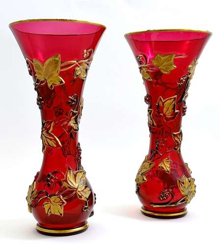 A Large Pair of Large Baccarat Ruby Red Crystal Glass Vases Richly Decorated with Gold