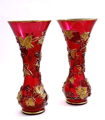 A Large Pair of Large Baccarat Ruby Red Crystal Glass Vases Richly Decorated with Gold